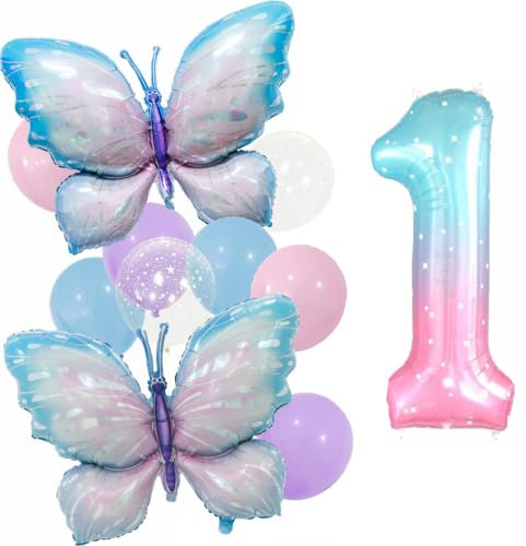 Kiwochy Gradient Pink Schmetterling Ballons 1. Geburtstag Dekoration Mädchen Deko 1 Jahre Schmetterling Geburtstag Party Set Riesige Bunte Schmetterling Folie Ballon für Schmetterling Party Supplies