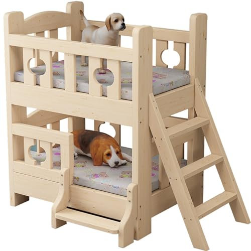 MUUNS Hunde-Etagenbett für kleine, mittelgroße und große Haustiere, Haustierbett mit doppellagigem Holzrahmen und Stufen, abnehmbar,A,100×65cm(39×26in)