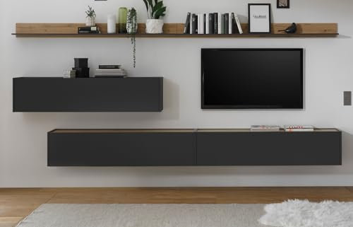 Wohnwand Schrankwand in grau matt und Eiche Wotan Holz TV Unterteil zum Aufhängen Mediawand Fernsehschrank Wohnzimmer Set 300 x 180 cm (Set 2)