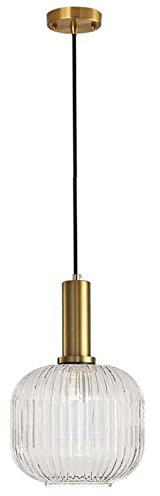 NICRX Klarglas-Pendelleuchte mit geripptem Glaslampenschirm und Bronze-Finish, moderne Retro-Deckenleuchte, Hängelampe für Nachttisch, Esstisch und Kücheninsel (20cm)