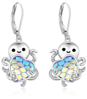Oktopus Ohrringe Hängend 925 Sterling Silber Lila Meerjungfrau Herz Ohrhänger mit Oktopus Brisur Ohrringe Ozean Octopus Schmuck Geschenke für Damen Mädchen Kinder