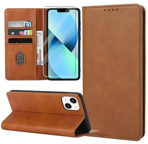 ZYIMOU Handyhülle für iPhone 13 Hülle mit Schutzfolie, Leder Schutzhülle Standfunktion Kartenfach Wallet Klapphülle iPhone 13 6.1 Zoll Flip Case Cover, Braun