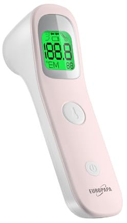 EUROPAPA Thermomètre de fièvre pour bébés, enfants, adultes, thermomètre frontal infrarouge avec alarme de fièvre, interrupteur °C/°F, mémoire de valeurs mesurées 30 fois (Rose)