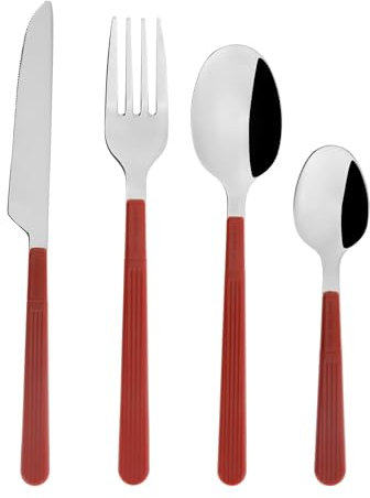 Ménagère 16 pièces Inox Gamme CORDEROY Coloris Rouge Avec manche en plastique Avec 4 couteaux L 22 cm, 4 fourchettes L 20.5 cm, 4 cuillères à soupe L 20 cm et 4 cuillères à café L 14.5 cm