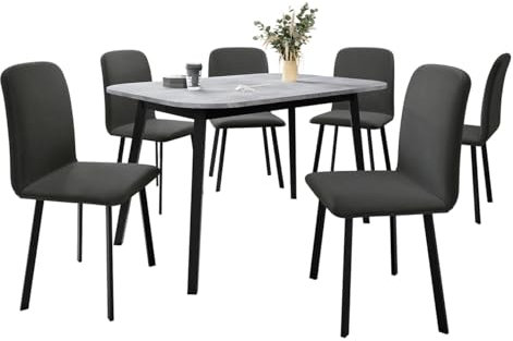 Mirjan24 Essgruppe ML02, Rechteckiger ausziehbarer Esstisch Drota S mit 6 Stühlen Lanoi, Sitzgruppe, Küchentisch, Esstisch, Esszimmerstühle (Amor Velvet 4321, Grau Marmor/Schwarz)