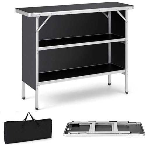 SPOTRAVEL Folding Camping Table, 110cm/206cm Aluminum Picnic Table with 2-Tier Shelves, Removable Oxford Cloth & Carry Bag, Portable Outdoor Catering Desk for BBQ Party (Black, 110 x 38 x 88 cm)