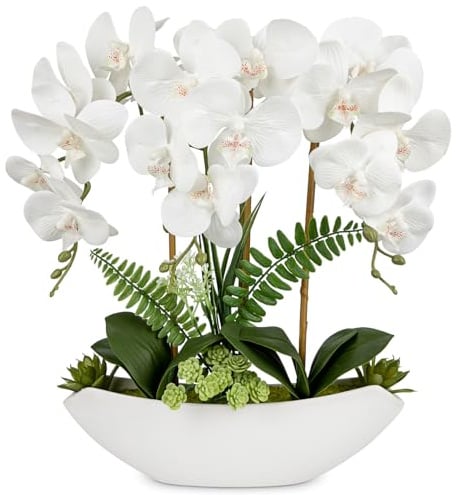 Briful Orchid Artificial Flowers 18in White Fake Orchid Silk Flowers with Ceramic Pot Faux Orchid Arrangement for Home Office Room Coffee Table Centerpiece Modern Decoration