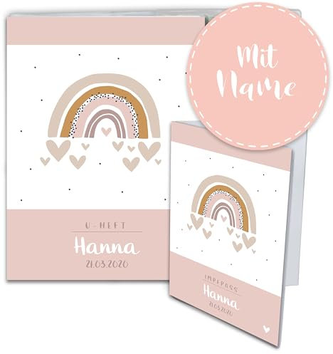 Minilino personalisierte U Heft Hülle 3-teiliges Premium Set für Impfpass & U-Heft [ SCHÜTZT WICHTIGE DOKUMENTE ] Organizer für Untersuchungsheft (Regenbogen rosa retro)