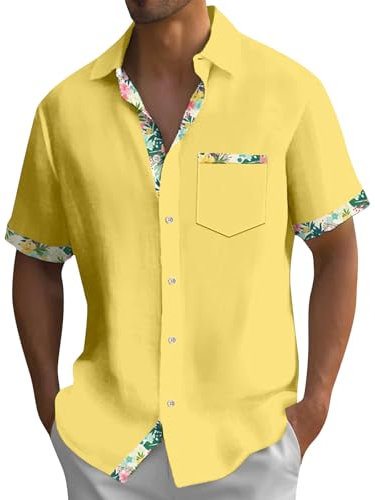 Generic Men's Summer Yellow Linen Short Sleeve Shirts Casual Shirts for Men UK Size L