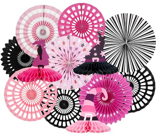 Easy Joy 12PCS Pink Party Decoration for Girls Black Pink Honeycomb Decoration Witch Theme Hanging Tissue Paper Fans for Birthday Wall Ceiling Party Supplies