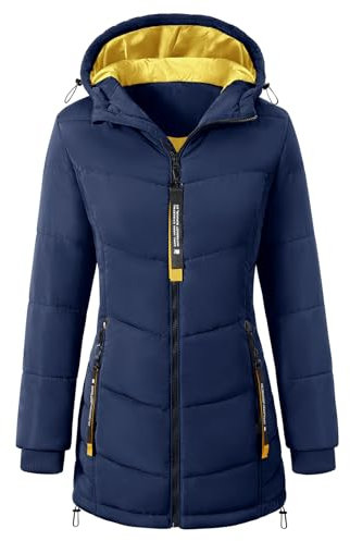 CMTOP Manteau Femme Hiver Chaude Longue Blouson À Capuche Veste Coupe Vent Mi-Long Veste Parka Zippé Hooded Manteaux Femme d'Extérieur Couleur Unie Longues Capuchon Outercoat avec Poches(Marine,XL)