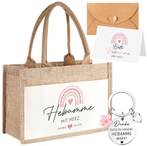 Tenare 4er Set Hebamme mit Herz Geschenk Dankeschön Hebamme Abschiedsgeschenk Jute Handtasche Metall Schlüsselanhänger mit Gravur Regenbögen Dankeskarte Umschlag Abschied Ruhestand Krankenhaus