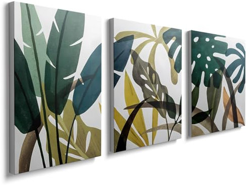 Bedroom Decorations Wooden Framed Gold Leaves Canvas Wall Art Tropical Monstera Palm Leaves Green Plant Painting Poster Canvas Print Pictures for Living Room Hallway Stairs Wall Decor, YH1403