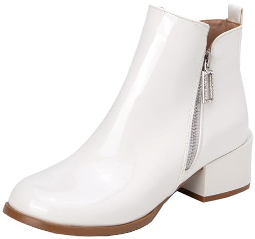 XIEPP Stivaletti da donna in tinta unita con tacco a blocco Stivali corti con cerniera, bianco, 38 EU