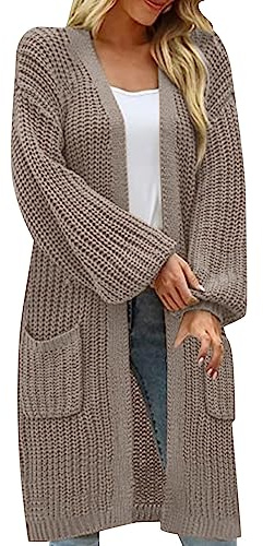 Grob Strickjacke für Damen, langärmelig, Wasserfall-Cardigan, Übergröße, Baggy, langärmelig, Tops, einfarbig, Pullover, offene Vorderseite, Cardigans mit Taschen, mittellang, Oberbekleidung