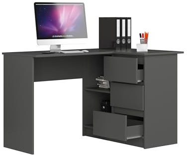 Eckschreibtisch Grau rechts, 3 Schubladen rechts und 2 Regale, viel Platz zum Entfalten. Perfekt für Jugendzimmer, Büros und Ateliers.