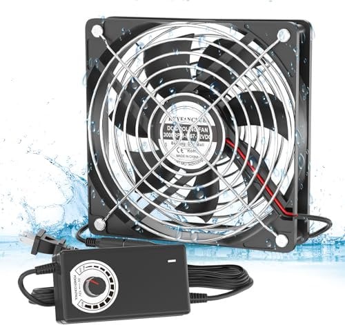 Waterproof Small Fan IP67, KEYFANCLUB 12V Variable Speed Computer Fan with AC Plug,110V 120V 220V AC Powered Ventilation Exhaust Fan for Receiver Terrarium Biltong Box Grow Tent Cabinet Cooling