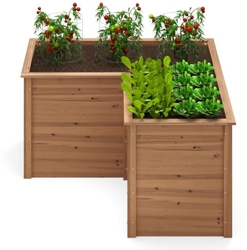 GOPLUS Carré Potager en Bois Haut, Jardinière en Forme de L avec Base Ouverte pour Légumes, Fruits, Fleurs, 120 x 120 x 63 CM, Bac Potager Extérieur pour Balcon, Terrasse, Jardin (Marron)
