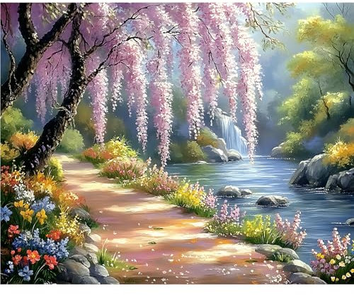MXJSUA Peinture par Numéros pour Adulte, DIY Peinture Acrylique pour Adultes Débutants Facile sur Toile 40×50 cm avec peintures et pinceaux, Paysage De Printemps (sans Cadre)