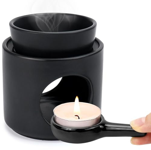 BHHTBB Duftlampe für Ätherische Öle, Keramik Duftlampen Aromalampe mit Teelichthalter, Duftwachs Lampe fü Rambiente Teelicht, H*10 cm ø9.5 cm Abnehmbare Schale, Matt Schwarz