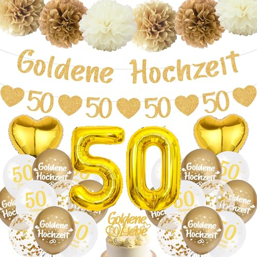 Goldene Hochzeit Deko Luftballons Girlande, 50 Hochzeitstag Dekoration | 50. Jubiläum Partydeko, Riesen Zahlenballon Papier Pompons