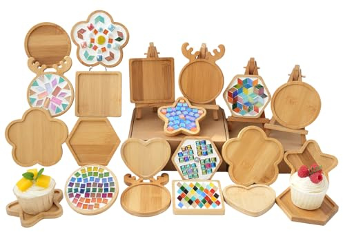 CHICSHIS 14pcs Mini Mosaic Bases Kit for DIY Mosaic Coasters, Mixed Shapes Wood Stained Glass Substrates for Crafts, Blank Wooden Tray Ideal for Home Decor and Handcrafted Colored Glass Artworks