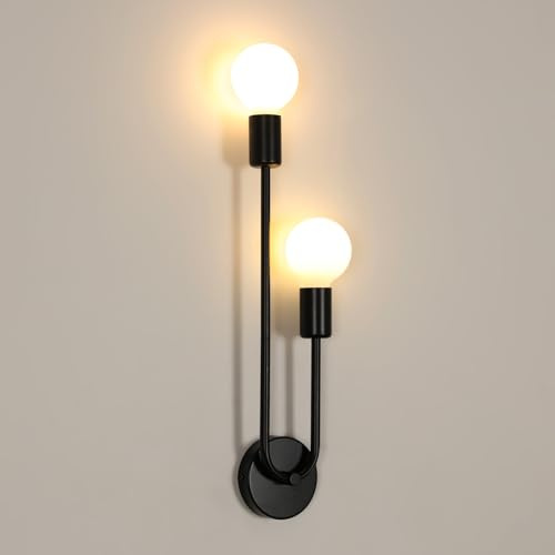 Riserva Wandleuchte Innen Schwarz, E27 Wandlampe Industrial Style, 2-Flammig Wandbeleuchtung Modern Metal fur Schlafzimmer, Wohnzimmer, Diele, Eingang, Café, Hotel