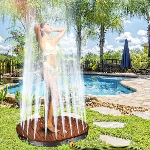 Fiqops Ducha de jardín, ducha de suelo WPC, placa de ducha de 4 m de altura regulable, ducha exterior para suelo, mezclador de agua fría/caliente, ducha impermeable para piscina con bolsa de