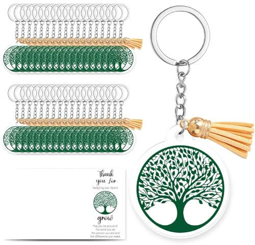 CREATCABIN 36 Set Portachiavi in Acrilico Dipendenti Portachiavi Albero della Vita all'Ingrosso Anelli Collegamento Ciondolo Nappa Biglietti Ringraziamento Portachiavi Motivazionali Regali 3.5x4cm