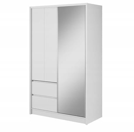 Generisch Schwebetürenschrank Sara 130, Kleiderschrank, Schrank, Schlafzimmerschrank mit 2 Drehtür und 1 Schiebetür, 2 Schubladen, Kleiderstange und 4 Einlegeboden (Weiß/Weiß)