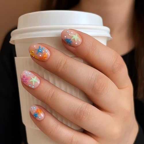 Short Almond Press On Nails Cute Starfish Ocean Style – Colorful Fake Nails Stick On Nails for Women, Soft Nude Base with 3D Sea Elements, Easy Application for Daily Wear & Vacations