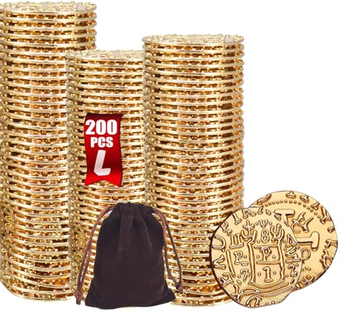 ZUCOS Piraten Münzen Zubehör,Goldmünzen-Set, Metall Goldtaler Deko Dublonen für DND Brettspiele, Cosplay, Realistische Mittelalter Geld-Imitation, Piratenschatz (200 PCS)