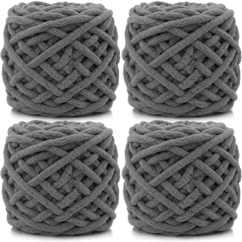 Lighterday 4×100g Rollen Chenille Wolle Zum Häkeln Dick Garn Flauschige Dicke Wolle zum Häkeln und Stricken,Chunky Yarn für Anfänger,Ideal für Schal,Blanket,Mützen,Pullover und Taschen(Dunkelgrau)