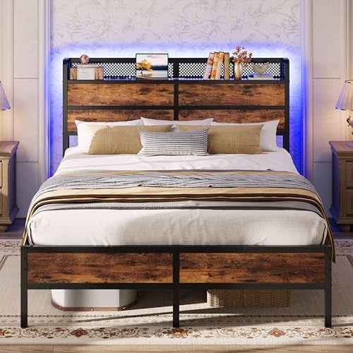 IRONCK Bett 140x200 cm mit LED Beleuchtung, Bettgestell 140x200 mit Steckdosen, USB & Typ-C-Anschluss, Metall Doppelbett mit Holzkopfteil Stauraum, Bettrahmen mit Lattenrost, Unterbett Stauraum