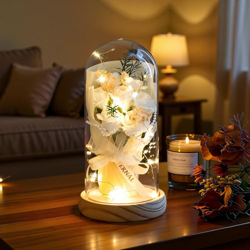 Roses éternelles artificielles dans un dôme en verre – 7 fleurs en soie avec lumières LED, base en bois massif | Cadeaux d'anniversaire pour maman, grand-mère, femme | Anniversaire élégant et