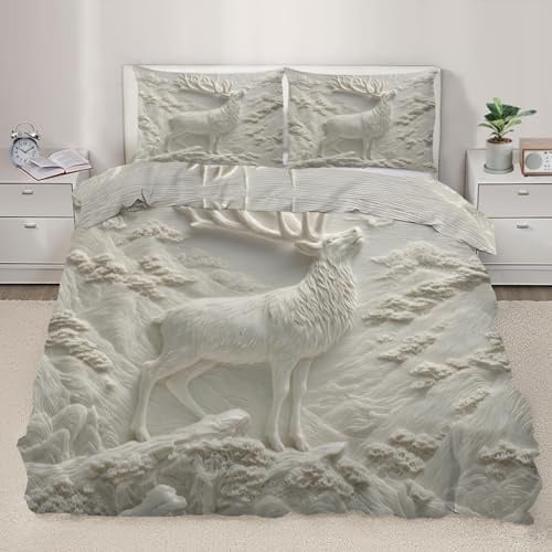 Generisch Geprägter Elch Bettbezug 3D-Weißer Hirsch Bettwäsche-Set Waldtiere Bettwäsche-Set Relief-Berglandschaft Bettdeckenbezug mit Kissenbezügen