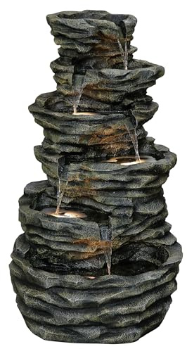 Dehner Gartenbrunnen Roccia, Outdoor-Brunnen, mit LED-Beleuchtung, solarfähig, ca.72x120x75 cm, Polyresin, grau