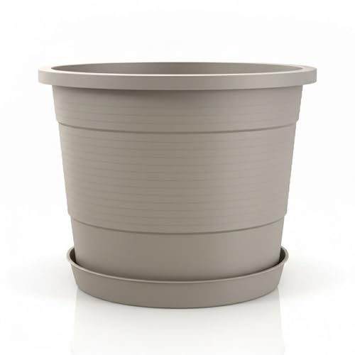 Plastard Blumentopf Ø 54 cm mit Untersetzer rund – Seidengrau – Pflanzkübel | Witterungs- UV- & frostbeständig, inkl. 45 cm Untersetzer, Pflanzkübel mit Überlauf, Pflanztopf 35 Liter, Deko Blumenkübel