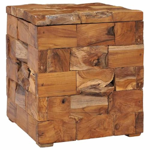 PHGTYUK Hocker mit Stauraum aus Massivholz Teak, Kompakter Beistelltisch mit rustikalem Mosaik-Design, Stabile Ablagefläche für Getränke und Deko, Praktischer Aufbewahrungsbehälter