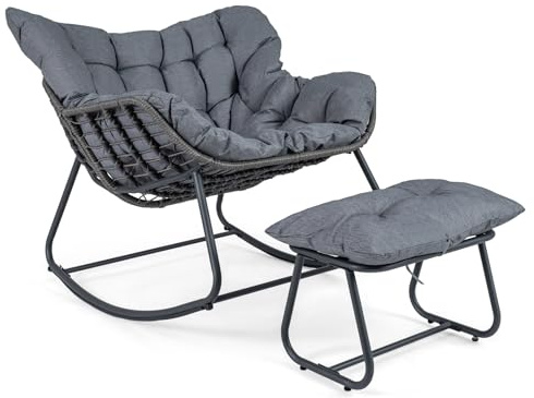COSTWAY Schaukelstuhl mit Hocker, Schaukelsessel bis 150 kg belastbar | Übergroßer Relaxsessel mit dickem & abnehmbarem Kissen, für Balkon, Garten, Wohnzimmer, Grau
