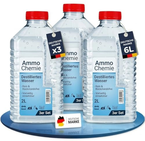 AMMO CHEMIE® Destilliertes Wasser [3 x 2 L] Made in Germany Bügelwasser | Made in Germany | Destilliertes Wasser | für Dampfbügeleisen | Luftbefeuchter | Autobatterie | Kühlwasser