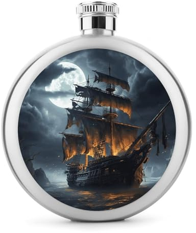 Pirate Sailboat Full Moon Hip Flask 5oz Personalized Stainless Steel Whiskey Hip Flasks Round Leak-Proof Liquor Flasks Portable Pocket Flask for Adult Bar Outdoor Party Drinker&Gift