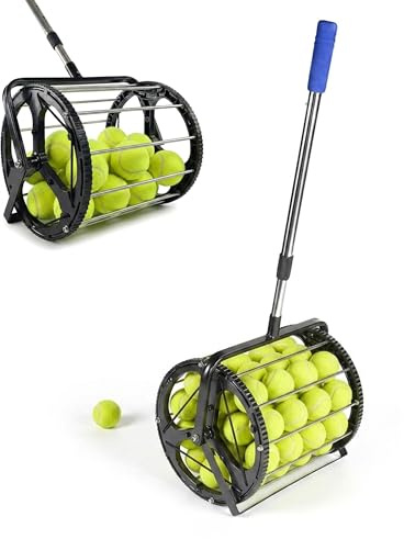 Relaxdays Tennisball Sammler, 50 Bälle, HBT: 106 x 29 x 27 cm, Metall, Teleskopgriff, Rollsammler Tennis, schwarz/Silber