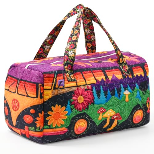 LTFIOON Hippie Bus Reisetasche, Boho Wochenendtasche mit Quilted-Embroidery, 49x24x24 cm – Hippie Van Quilted Duffle Bag, Weekender für Damen & Herren, Strandtasche & Handgepäck