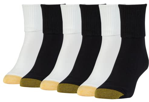 Gold Toe Women's Classic Turn Cuff Socks, Multipairs, Black/White (6-pairs), Large