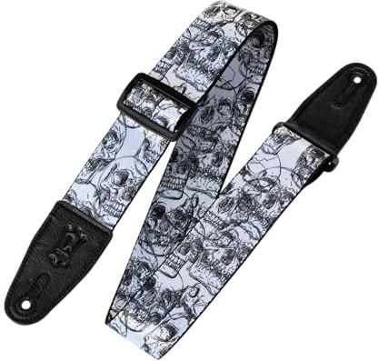 Levy's Leathers 2 Wide Polyester Guitar Strap with Genuine Leather Ends, Black and White Skulls Motif (MPD2-048)