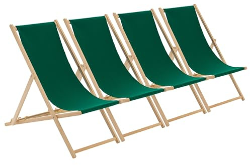 Harbour Housewares Folding Wooden Deck Chairs – Green – Pack of 4 – Adults Traditional Foldable Reclining Outdoor Canvas Sun Lounger Chair Seat for Garden Patio, Beach, Camping