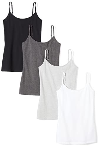 Amazon Essentials Women's Slim-Fit Camisole for Layering and Everyday Wear, Pack of 4, Black/Charcoal Heather/Light Grey Heather/White, Small