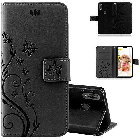 betterfon Hülle Kompatibel mit Huawei P20 Lite | Premium PU Leder Handyhülle Wallet Case für P20 Lite | Schutzhülle Blumen Klapphülle Handyhülle | Schwarz