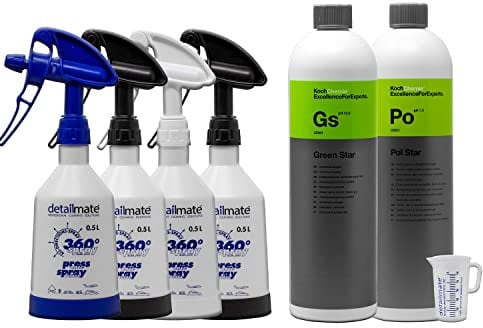 Detailmate - Set per la Cura dell'auto, 4 flaconi Spray Kwazar Super PRO+ a 360 Gradi VITON, detergente Universale Koch Chemie Green Star + 1 litro di detergente per Tessuti Koch Chemie Pol Star